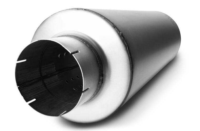 33 inch long, 9 inch diameter muffler with 5 inch in/out diameters